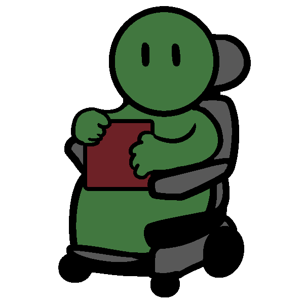 A green figure in a power chair, holding a red square.
